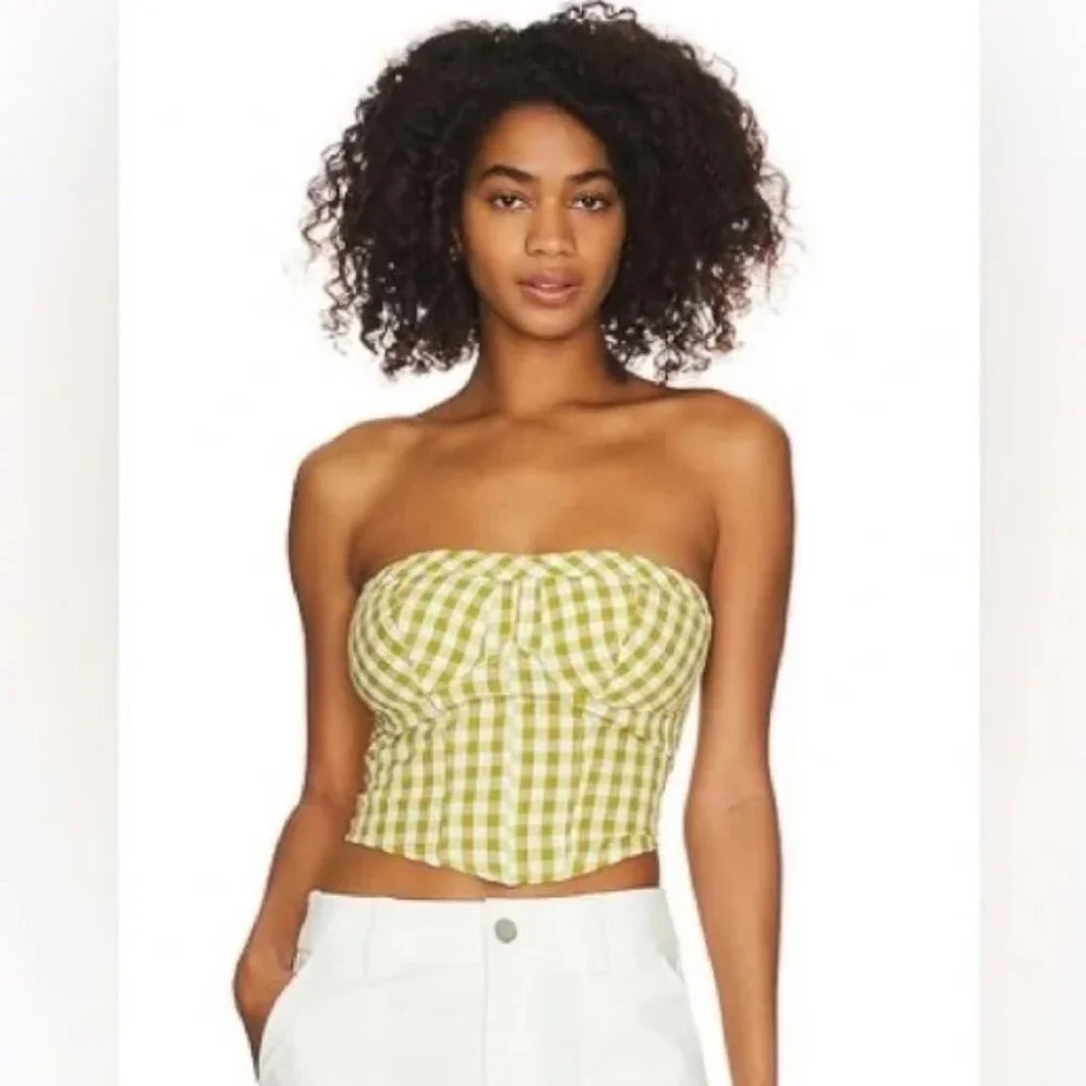 Free People Leilani Green Gingham Corset Tube Top NWT Large